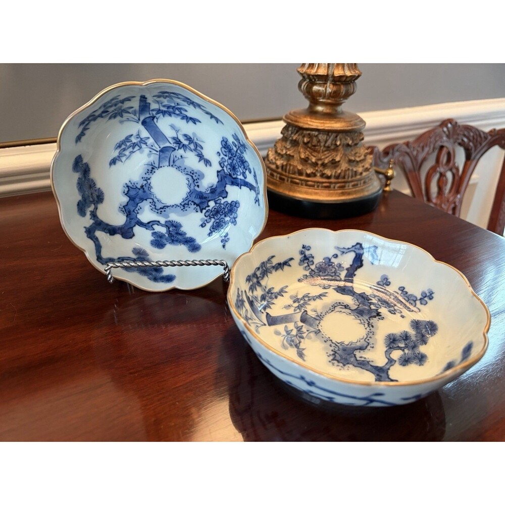 Pair Antique Japanese Arita Meiji Porcelain Bowls 5 7/8" Fuki Choshun Gilt Rim